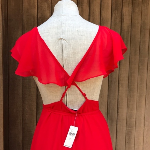 Anthropologie Yumi Kim Womens Red Wrap Midi Dress Ruffle Crepe Large - Picture 8 of 16